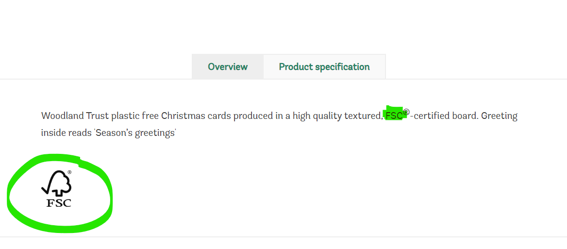 Screenshot of FSC logo in product description of Woodland Trust shop